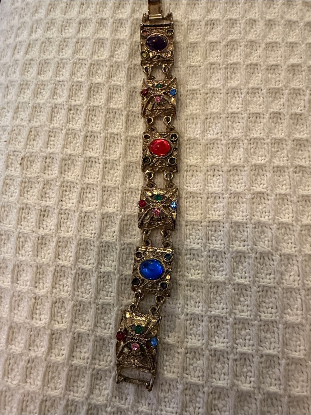 Gold-Tone Multi Gemstone Link Bracelet with Blue and Red Accents